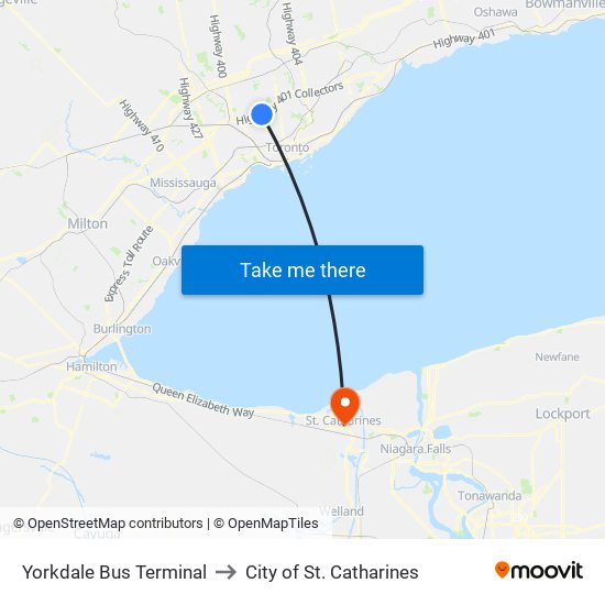 Yorkdale Bus Terminal to City of St. Catharines map