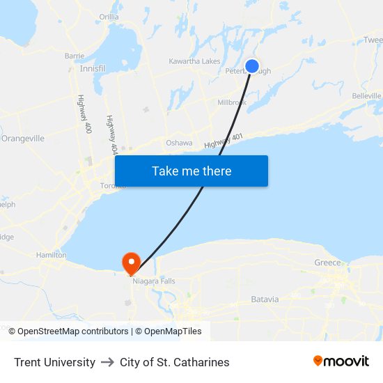 Trent University to City of St. Catharines map