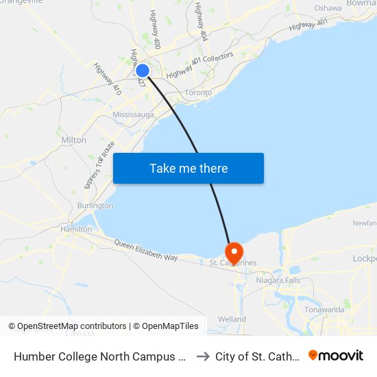 Humber College North Campus Platform 1 to City of St. Catharines map