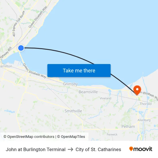 John at Burlington Terminal to City of St. Catharines map