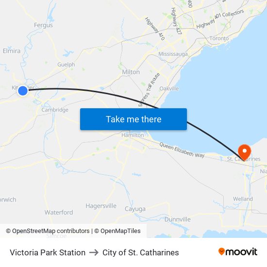 Victoria Park Station to City of St. Catharines map