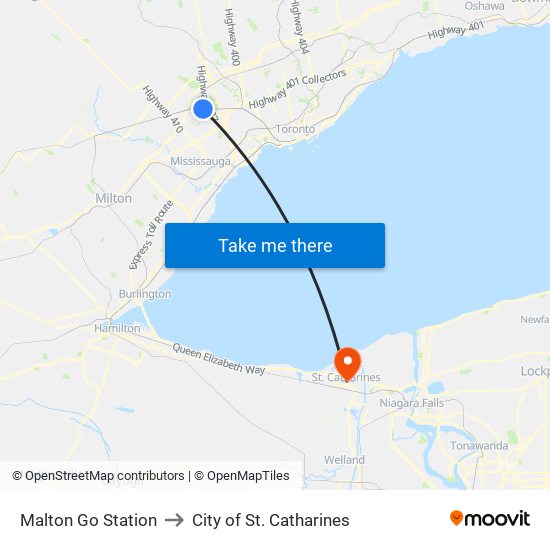 Malton Go Station to City of St. Catharines map