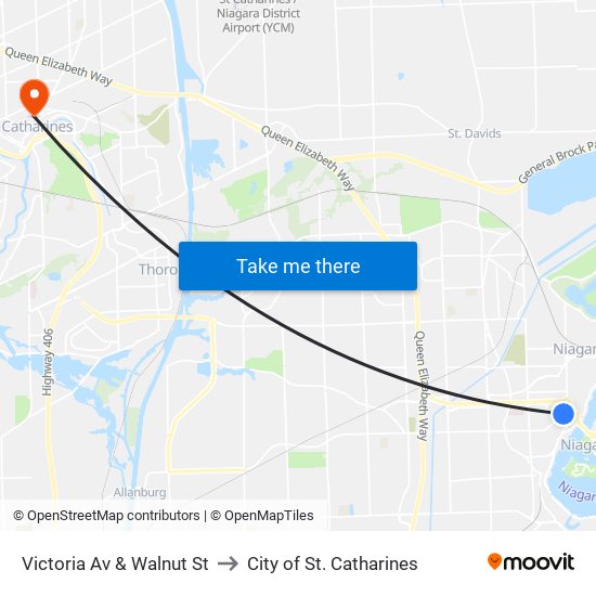 Victoria Av & Walnut St to City of St. Catharines map