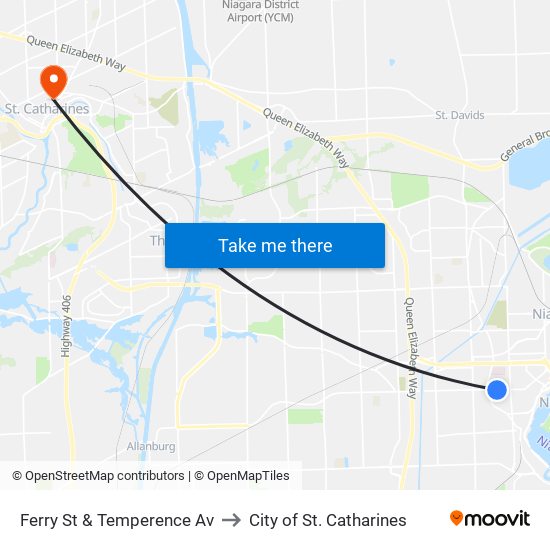 Ferry St & Temperence Av to City of St. Catharines map