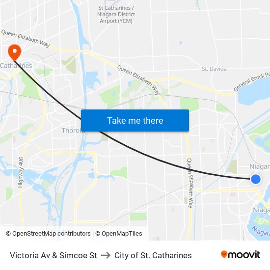 Victoria Av & Simcoe St to City of St. Catharines map