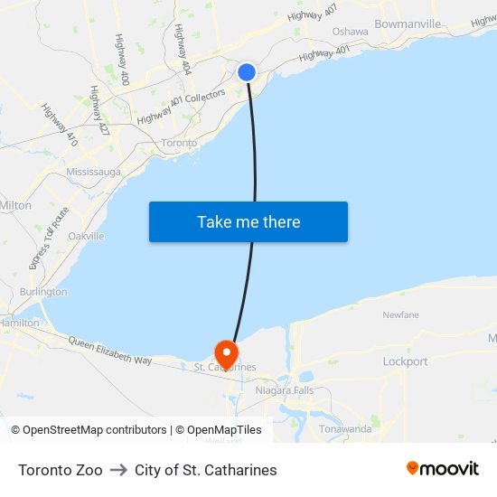 Toronto Zoo to City of St. Catharines map