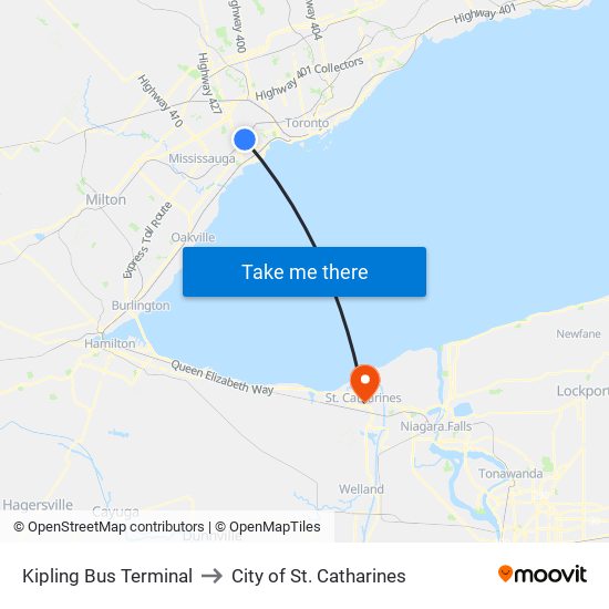 Kipling Bus Terminal to City of St. Catharines map