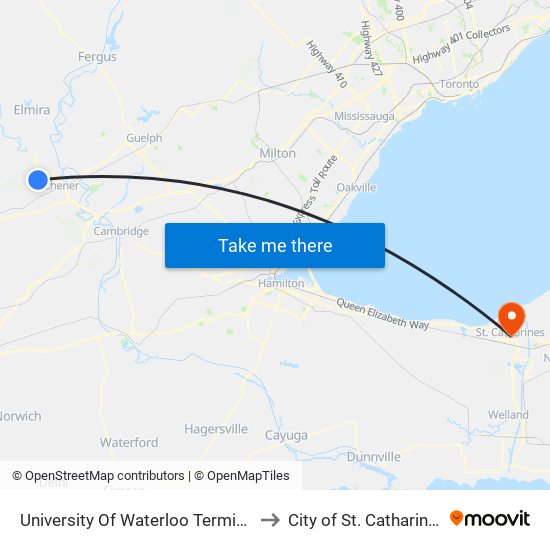 University Of Waterloo Terminal to City of St. Catharines map