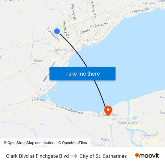 Clark Blvd at Finchgate Blvd to City of St. Catharines map