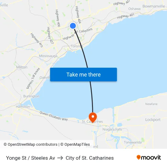 Yonge St / Steeles Av to City of St. Catharines map
