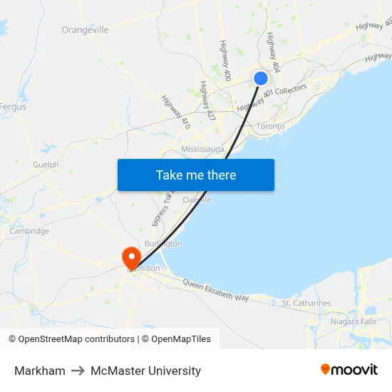 Markham to McMaster University map