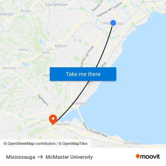 Mississauga to McMaster University map