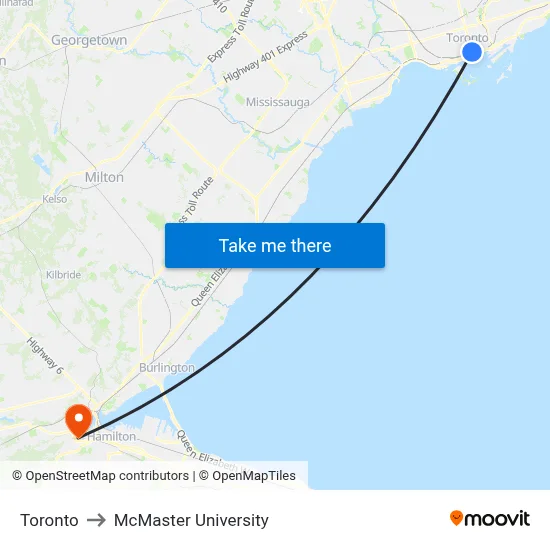 Toronto to McMaster University map
