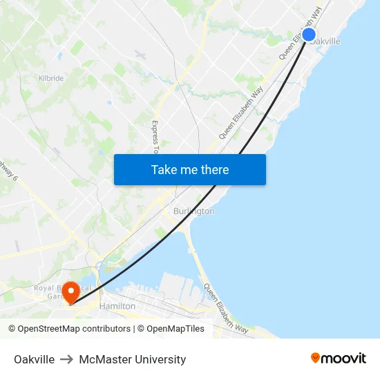 Oakville to McMaster University map