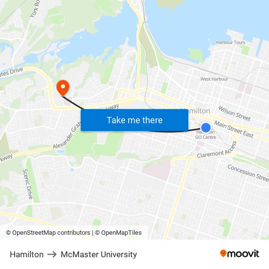 Hamilton to McMaster University map