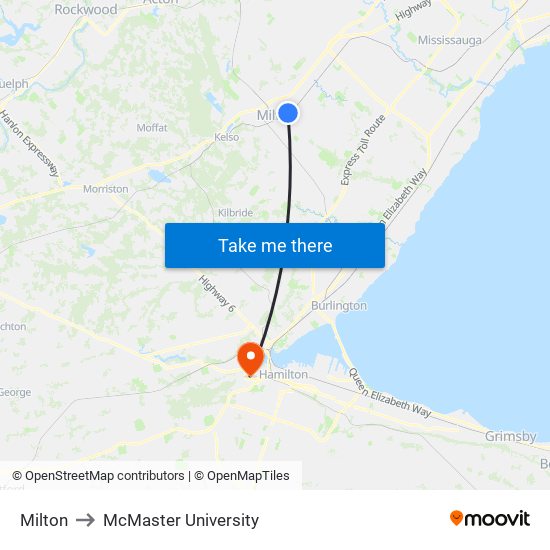 Milton to McMaster University map