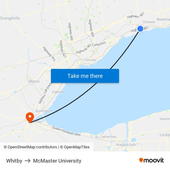 Whitby to McMaster University map