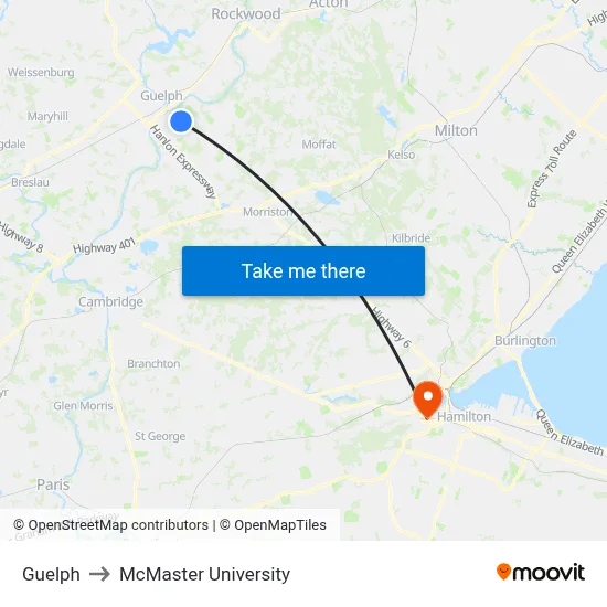 Guelph to McMaster University map