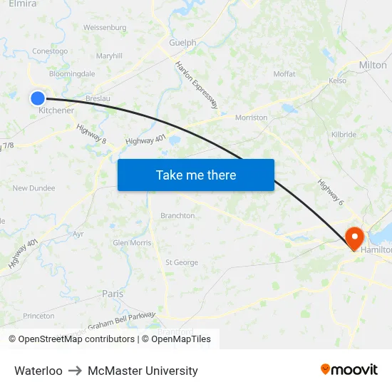 Waterloo to McMaster University map