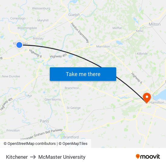 Kitchener to McMaster University map