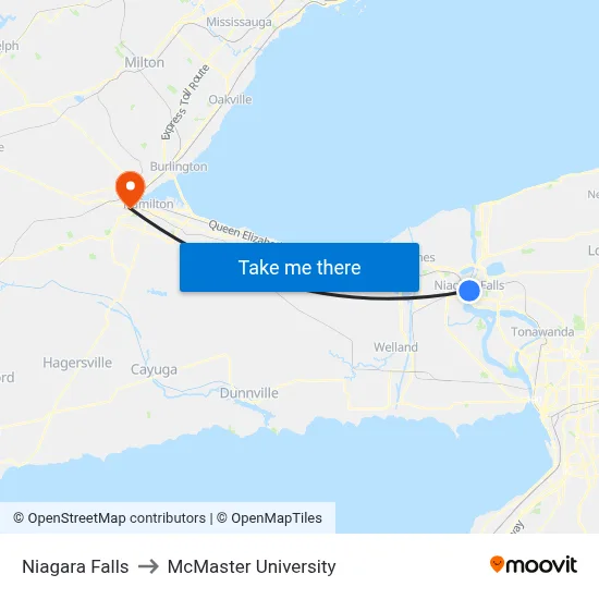 Niagara Falls to McMaster University map