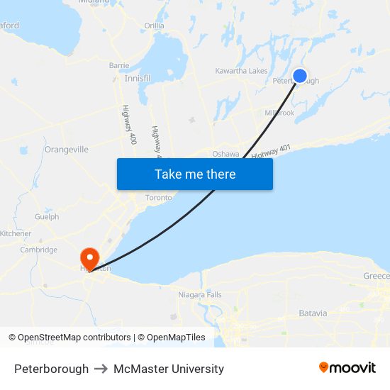 Peterborough to McMaster University map