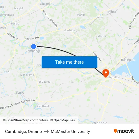 Cambridge, Ontario to McMaster University map