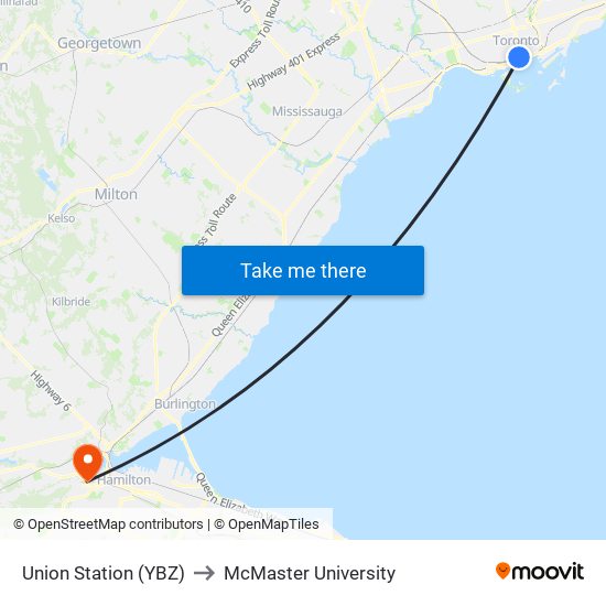 Union Station (YBZ) to McMaster University map