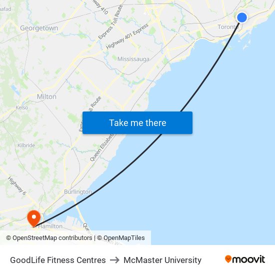 GoodLife Fitness Centres to McMaster University map