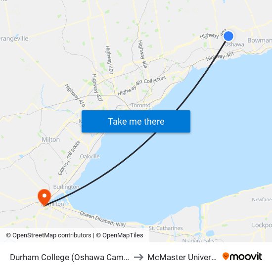 Durham College (Oshawa Campus) to McMaster University map