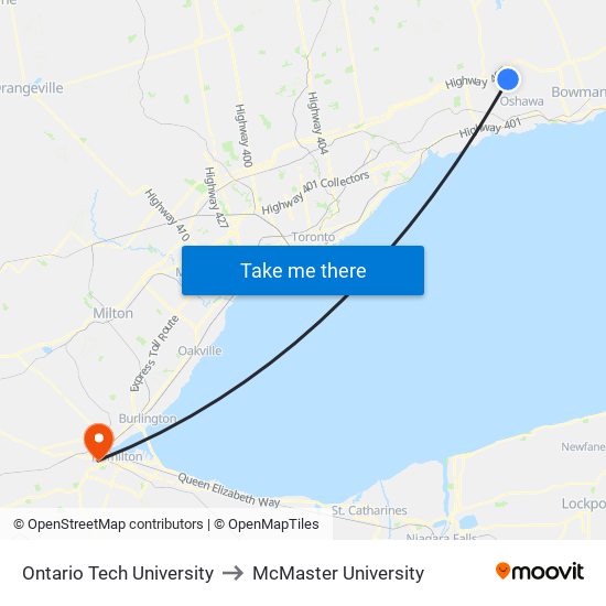 Ontario Tech University to McMaster University map