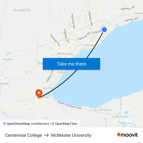 Centennial College to McMaster University map