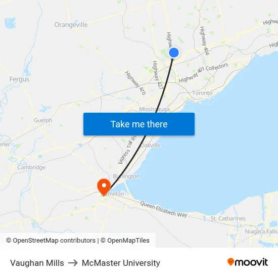 Vaughan Mills to McMaster University map