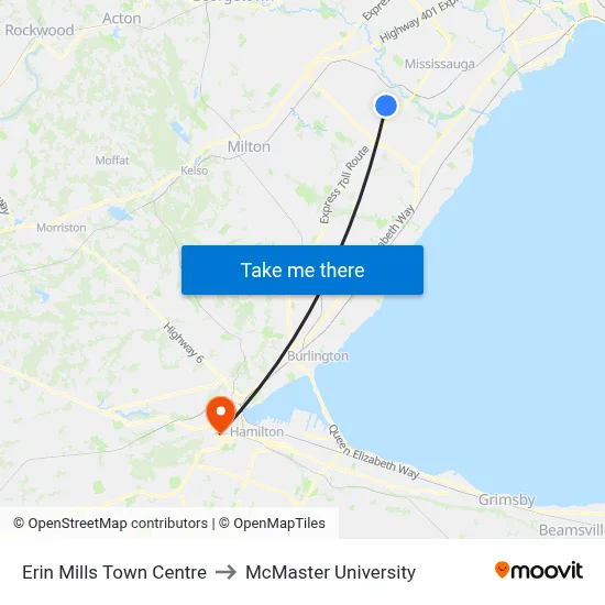 Erin Mills Town Centre to McMaster University map