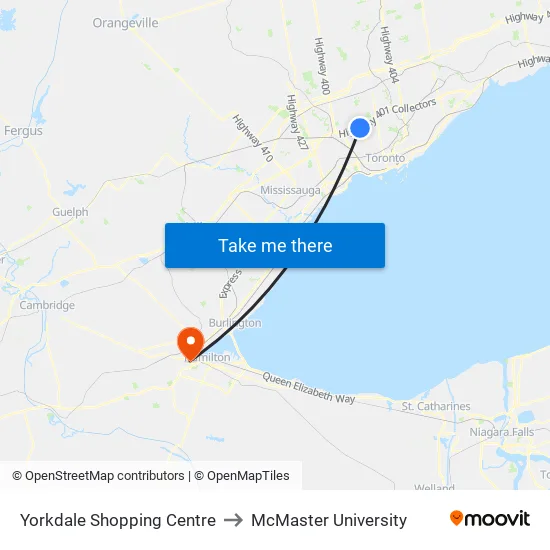 Yorkdale Shopping Centre to McMaster University map