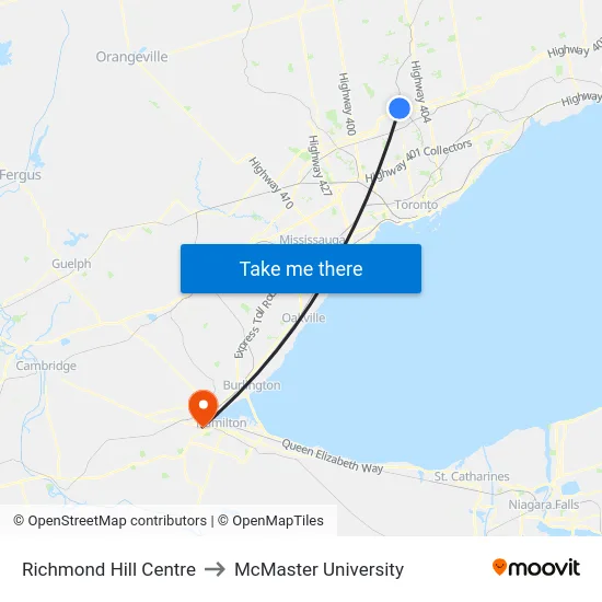 Richmond Hill Centre to McMaster University map