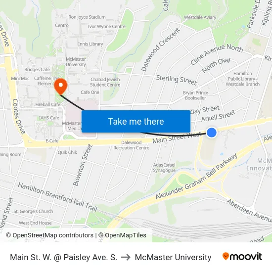 Main St. W. @ Paisley Ave. S. to McMaster University map