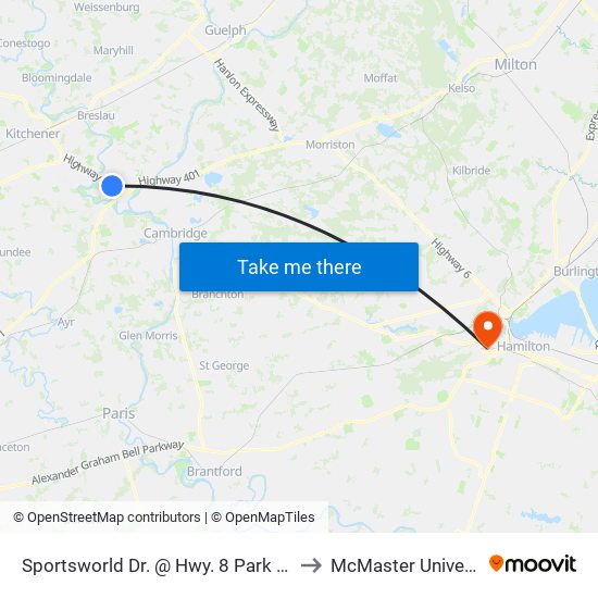 Sportsworld Dr. @ Hwy. 8 Park & Ride to McMaster University map