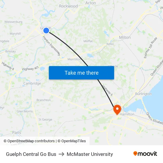 Guelph Central Go Bus to McMaster University map