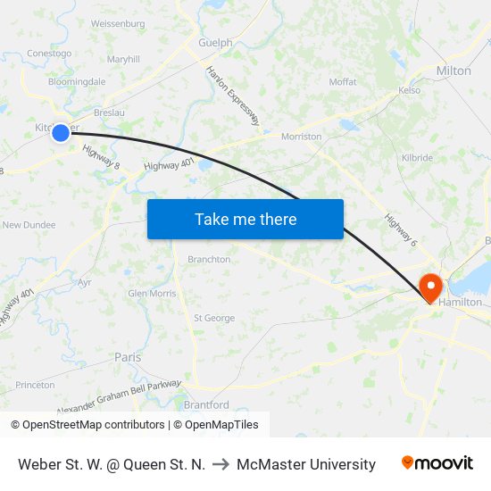 Weber St. W. @ Queen St. N. to McMaster University map