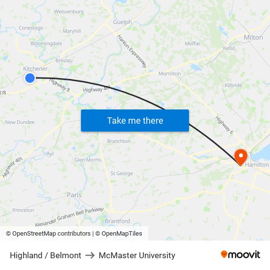 Highland / Belmont to McMaster University map