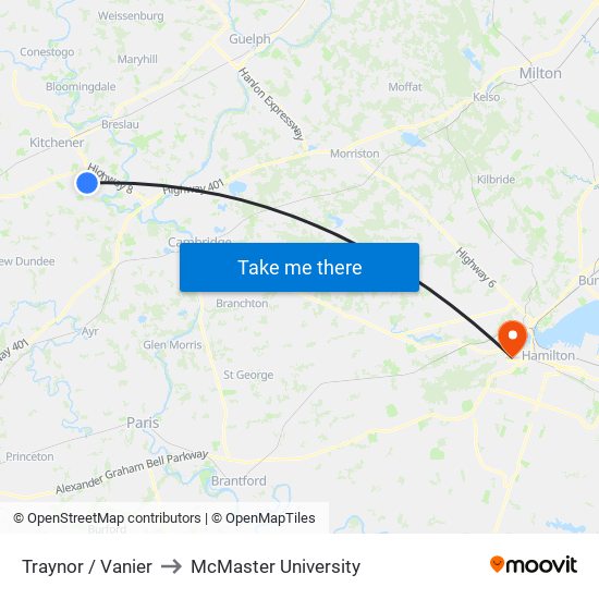 Traynor / Vanier to McMaster University map