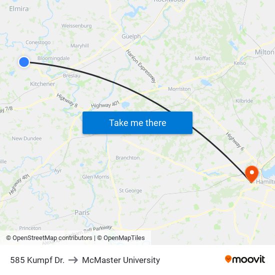 585 Kumpf Dr. to McMaster University map