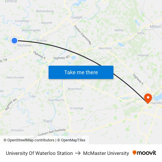 University Of Waterloo Station to McMaster University map