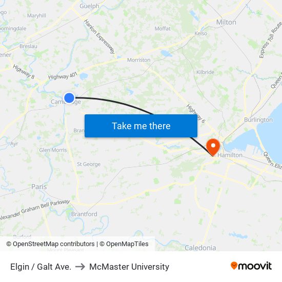 Elgin / Galt Ave. to McMaster University map