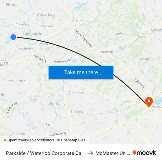 Parkside / Waterloo Corporate Campus - North to McMaster University map