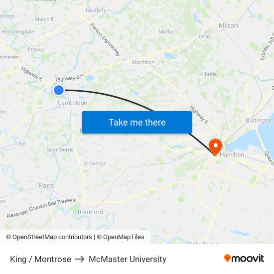 King / Montrose to McMaster University map