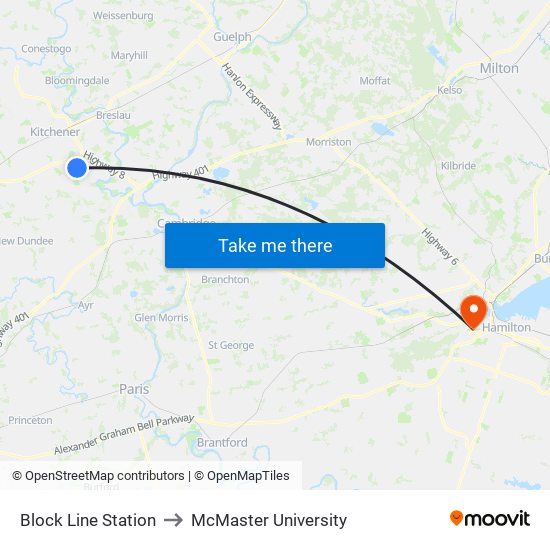 Block Line Station to McMaster University map