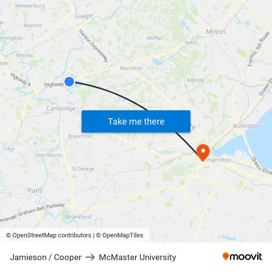 Jamieson / Cooper to McMaster University map