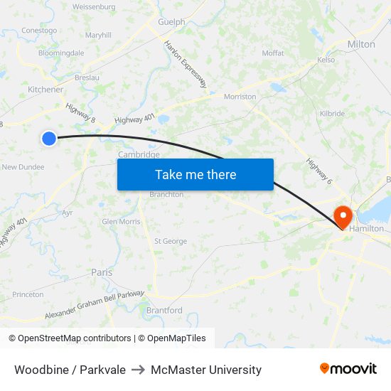 Woodbine / Parkvale to McMaster University map